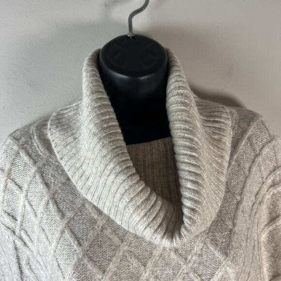 LOFT Womens M/L Cream Cable Knit Lattice Cowl Neck Poncho Sweater Soft Stretch - Picture 7 of 11